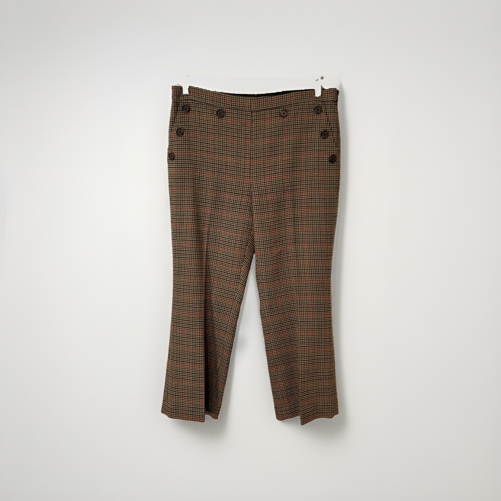 Halogen x Atlantic-Pacific Trousers Womens 12 Brown Plaid Sailor Button Ankle